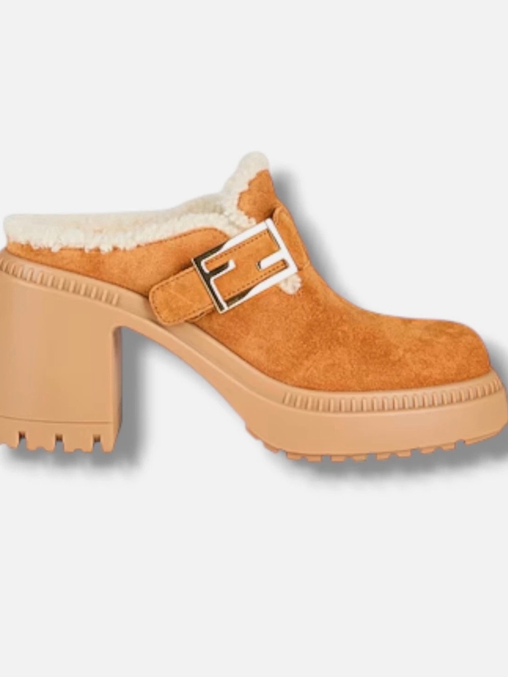 Fendi Suede Shearling Clog Mule in Cognac EUR SIZE 39.5